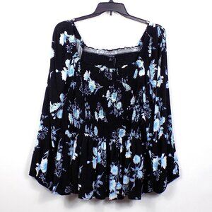 Torrid Smocked Blouse Plus Size 6X Long Sleeves Floral Print Blue Black New